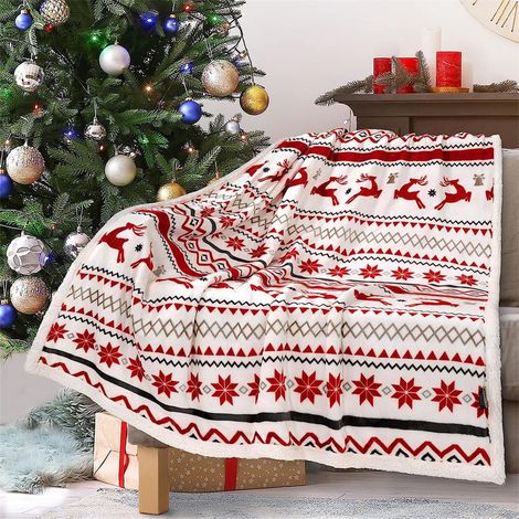 Plaid De Noël - En Fibre De Polyester - Imprimé Cerf Et Géométrique - Pour Canapé Ou Chambre - 70x100 Cm Et 100x150 Cm - Rouge (1/5)