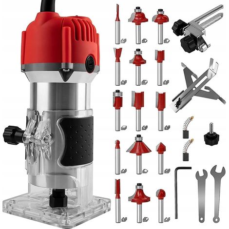 Outil de routeur en bois compact 220 V pour menuiserie, kit de routeur de paume avec gants, 15 forets de routeur (800 W)