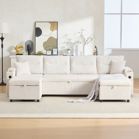 Divano letto 4 posti con 2 chaise longue, contenitore e USB beige DESVIAE (1/5)