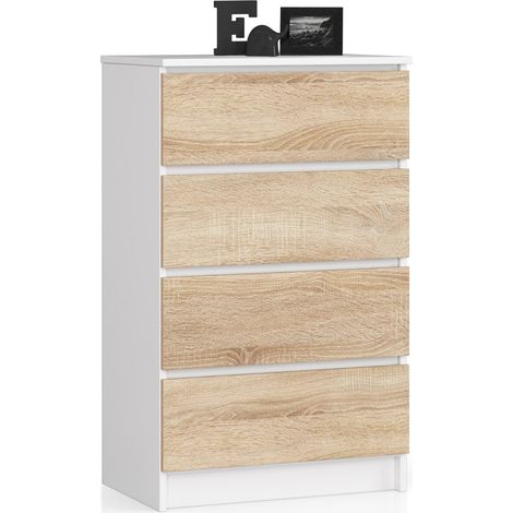 Akord – Commode enfant 4 tiroirs blanche 60 cm – Façade chêne sonoma – Dimensions 60x40x99 cm – Panneau stratifié