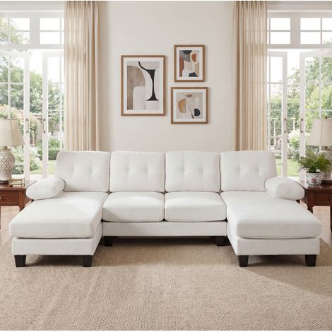 Canapé en U 268x128x84 cm beige en chenille avec double chaise longue et accoudoirs amovibles (1/5)