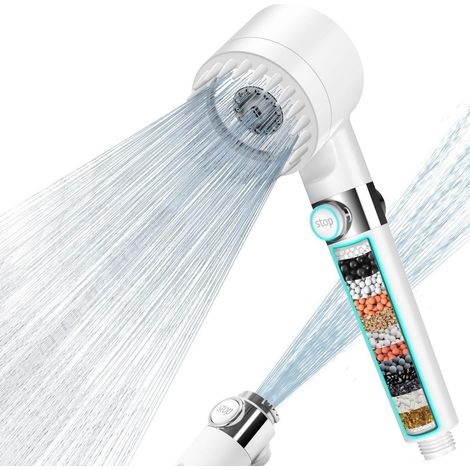 Pommeau de douche filtrant haute pression 3 jets avec tuyau 1,5m blanc (1/5)