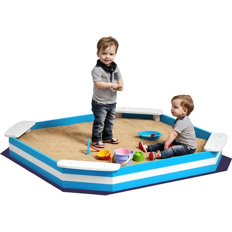 Bac à sable en bois bleu et blanc 133x133x16 cm avec 4 places et motif rayé, fond inclus, jeu enfant design sobre pour jardin pratique et décoratif