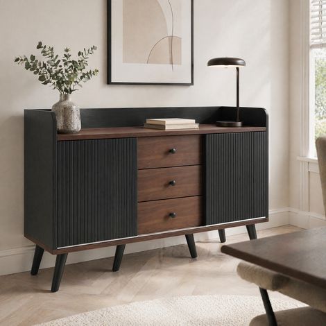 Buffet avec 3 tiroirs et portes coulissantes, 117,5 x 39,5 x 80 cm, noir et bois HAVRYA (1/5)