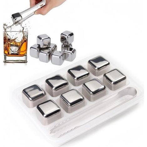 Confezione da 8 cubetti di ghiaccio in acciaio inox - Cubetti di ghiaccio riutilizzabili in acciaio inox, ideali per whisky e vino. (1/5)