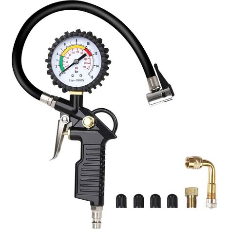 Ecleanfy - Manometre Pression Pneu, Numérique Manomètre Pneu, Pistolet de Gonflage Manomètre Avec 4 Bouchons de Valve/un Adaptateur de Buse à Air Français/une Tige de Rallonge en Métal de 90 Degrés (1/5)