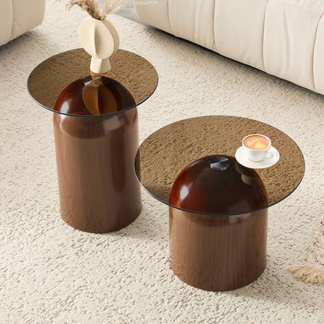 Tables basses Set de 2 gigognes en verre trempé et acier carbone, forme cloche, aspect noyer, pour salon (1/5)