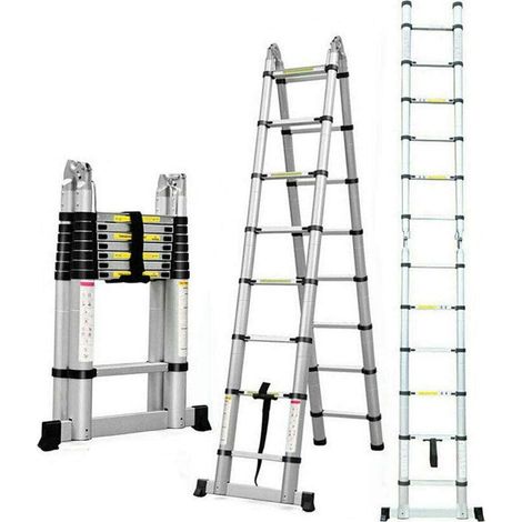 5M/16.5Ft Telescopic Folding Ladder DIY Alloy Extendable Extension A Frame Heavy Duty Portable Trade Domestic Ladder EN131 (Load Capacity 150kg) with Non-Slip Feet & Stabiliser Bar (1/5)
