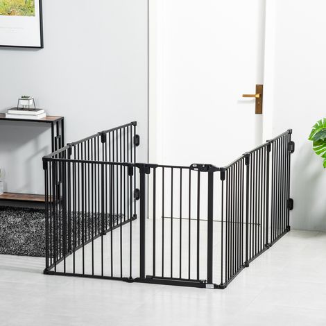 PawHut Sicherheitsgitter, Kaminschutzgitter, Hundelaufstall, faltbar, modular, 8-teilig mit Gitter, kein Bohren erforderlich, 482,5 x 76 cm, Schwarz