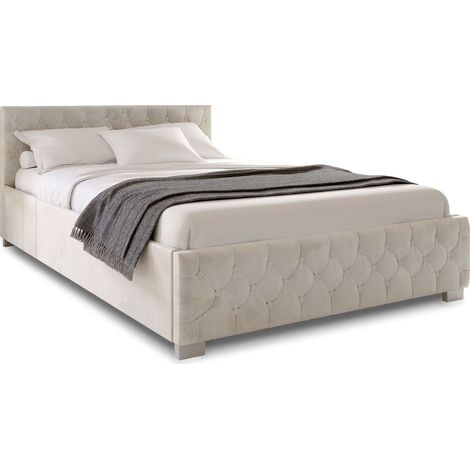 Letto imbottito Nizza   Beige  140 x 200 cm  Struttura letto con illuminazione LED, rivestimento in velluto e contenitore (1/2)