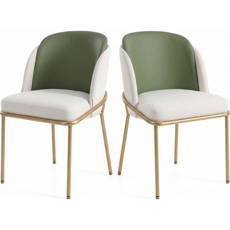 FurnitureR Lot de 2 chaises beige et vert effet cuir PVC avec assise rembourrée, dossier confortable et structure élégante en métal doré (1/5)