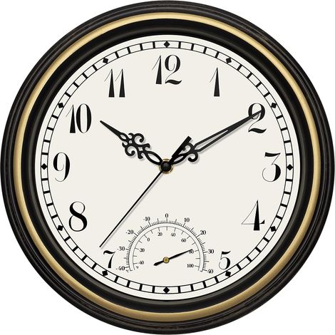 Indoor Outdoor Waterproof Wall Clock with Thermometer, Retro Silent Non-Ticking Round Clock for Garden Patio Yard Bathroom Home (12 Inch, Black Gold) (1/4)