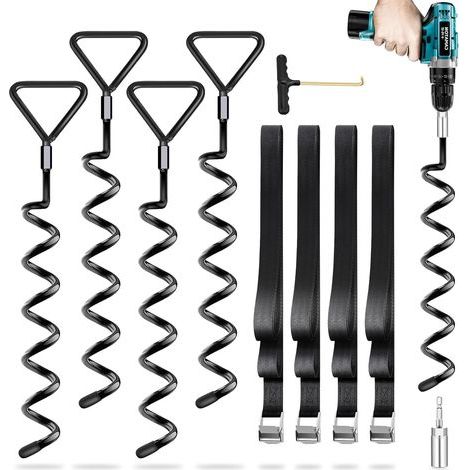Set mit 4 Bodenankern, Schraubankern, robusten Gurten, rostbeständiger Beschichtung, für Trampoline und Zelte (1/5)