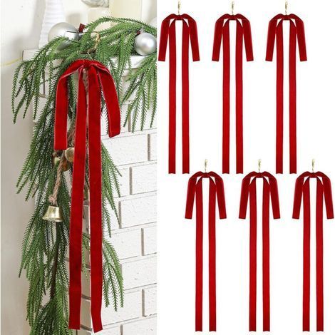 Set mit 6 Samt-Weihnachtsschleifen, 59,8 x 39,8 cm, rustikaler Stil, für Weihnachtstreppenkränze, Vintage-Stil, für den Außenbereich (rot) (1/5)