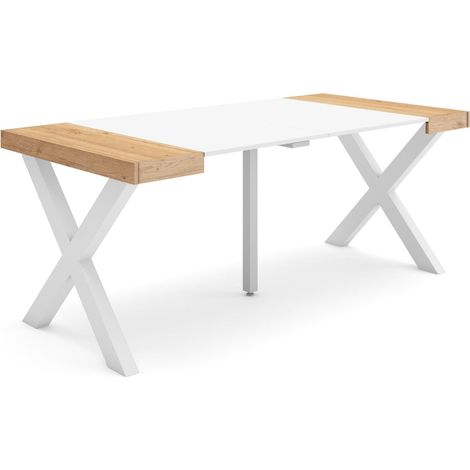 Table Console Extensible Console Meuble 180 pour 8 Personnes Pieds Bois Massif Style Moderne Chêne et Blanc (1/5)