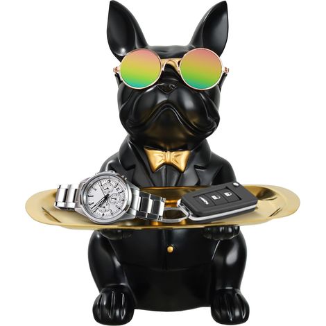 Plateau de rangement pour bouledogue français, sculpture, bouledogue avec pièce de monnaie, bol à clés multifonction avec plateau, boîte de rangement pour chien français (1/5)