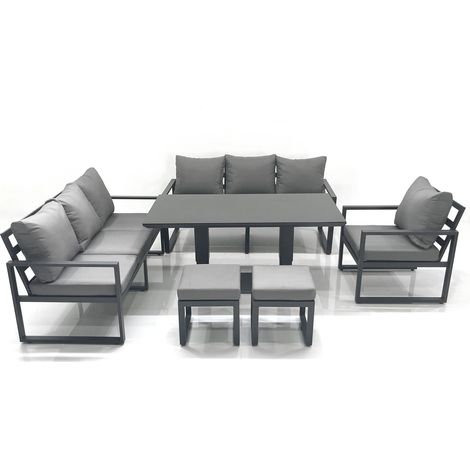 Fimous Outdoor Garden Furniture Set Aluminium Lounge Sofa Adjustable Rising Lifting Dining Table Sets with 2 Small Footstools Dark Grey (1/5)