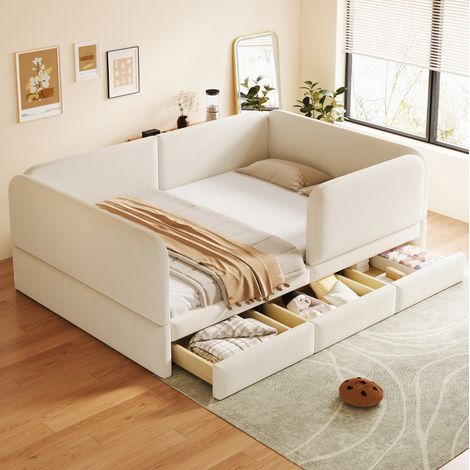 Cama infantil tapizada (208x147x67 cm), con diseño de seguridad perimetral, cajones de almacenaje, terciopelo beige (1/5)
