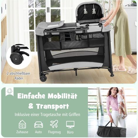Lit bébé pliable 5-en-1 noir et gris avec berceau amovible, table à langer et roulettes, pour chambre, voyage et salon (1/5)