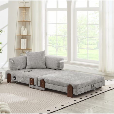 Canapé convertible pliant gris clair en tissu avec ports USB, Type-C et rangement (1/5)