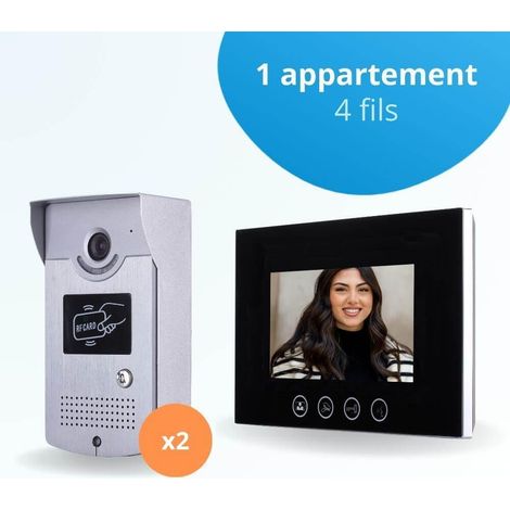 Portier interphone vidéo CARDS 4 Fils pour 2 entrées - 1 appartement - 2 platines - 1 écran noir 7" - avec mémoire photos - avec lecteur de badge (1/3)