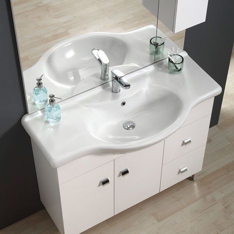 Kiamami Valentina – Ensemble meuble salle de bain 105 cm – Lavabo céramique – Miroir avec éclairage LED – 2 portes et 3 tiroirs – Blanc brillant — vue 3