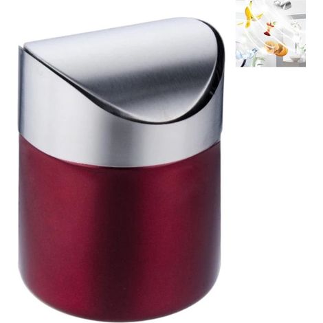 Mini poubelle de table en acier inoxydable avec couvercle rabattable 12 x 16 cm pour bureau maison ou voiture 1 pièce couleur rouge (1/5)