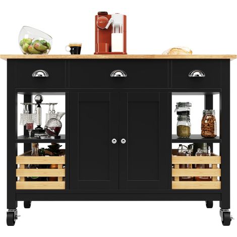 Îlot de cuisine moderne 120×45×90 cm, buffet et desserte effet bois, table multifonction avec panier de rangement en pin, noir