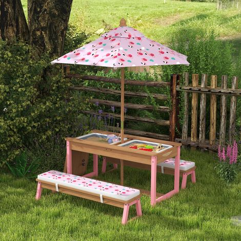 Table pique-nique enfant avec bancs. coussins. parasol pliable. boîtes de rangement amovibles. motif à flamant. rose