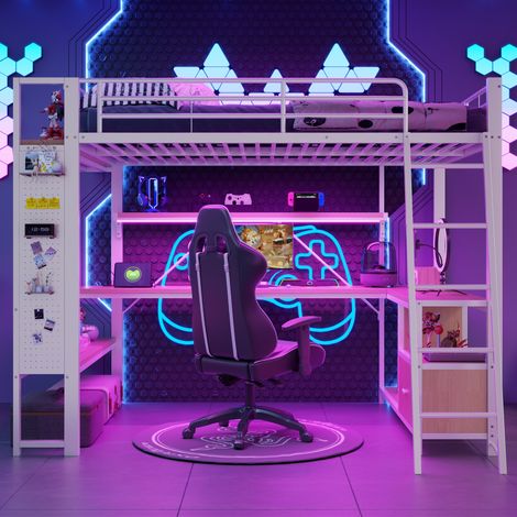 Lit mezzanine 140 x 200 cm avec LED, bureau, étagères, stockage et prises USB,blanc (1/5)