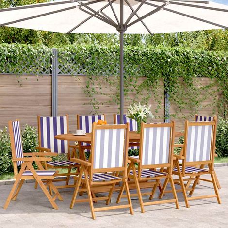 vidaXL Fauteuils pliants inclinables, 8 pièces, tissu bleu et blanc et bois massif (1/5)