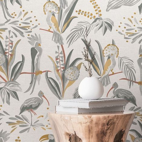 Papier peint fleurs et oiseaux gris et jaune Tapisserie floral Papier peint intissé Facile à appliquer Idéal pour salon (1/5)