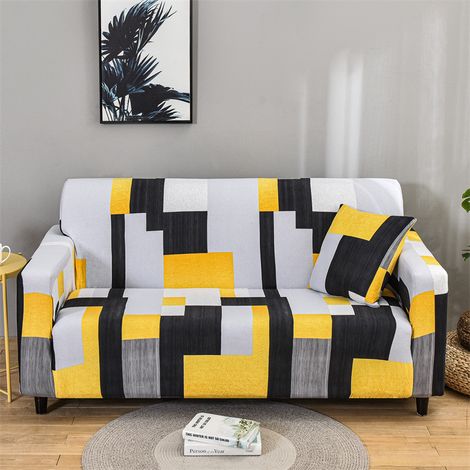 Housse de Canapé 2 Place 140 180cm Couverture Canapé avec Accoudoirs Moderne Couvre Canapé Elastique Universelle Revêtement de Canapé Housse de Protection Jaune et gris