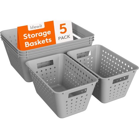 Panier Rangement en Plastique, Panier Basket Empilables Multi-tailles, Storage Basket pour Étagères, Cuisine, Salle de Bain, Armoire, 5 Pièces(3 Grands et 2 Petits), Gris (1/5)