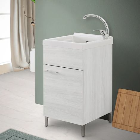Mobile lavatoio 45x50 cm rovere bianco con vasca lavapanni in ceramica (1/5)