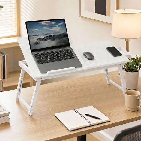 Table de lit pliable et réglable, plateau de lit pour ordinateur portable en bambou plateau inclinable 83,5x33x34cm blanc (1/5)