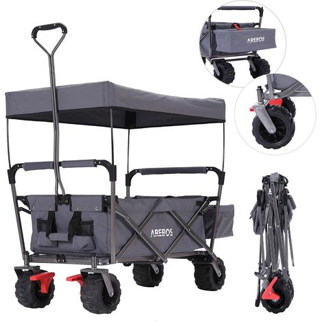Bollerwagen faltbar mit Dach Handwagen Transportkarre Gerätewagen inkl. 2 Netztaschen und Einer Außentasche Vorderrad-Bremse klappbar Vollgummi-Reifen bis 100 kg Tragkraft Grau (1/5)