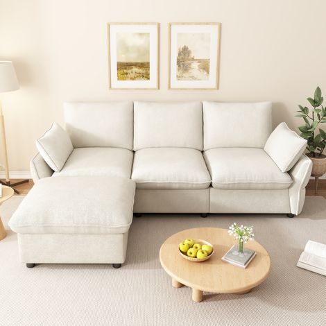 Divano angolare 222.5x154.5x76.5 cm con pouf separato, 3 posti, cuscini inclusi, tessuto chenille beige (1/5)