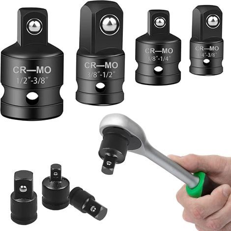 Set of 4 - Socket Adapter - Chrome-molybdenum steel - 1/4" to 3/8" to 1/2" conversion - For ratchet wrench/drill/driver - Chrome finish - Black (1/5)