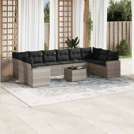 Ensemble Canapé de Jardin Gris Clair 11 Pièces  Résine Tressée  Table Verre Trempé  Coussins Amovibles  Modulable (1/5)