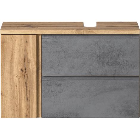 Waschbeckenunterschrank mit Siphonausschnitt rechts VASTO-03-CONCRETE, in Wotan Eiche Nb. mit Beton Optik, B/H/T ca. 85/56/35 cm (1/5)