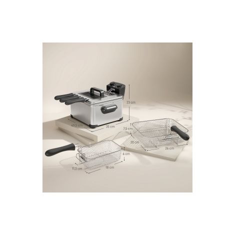Friteuse argentée 5 L en acier inoxydable avec température réglable et minuterie, cuve amovible et hublot pour cuisine et repas (1/5)