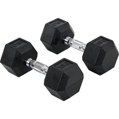 Haltères hexagonales, lot de 2, 2 x 10 kg, en fonte, revêtement en caoutchouc, noires