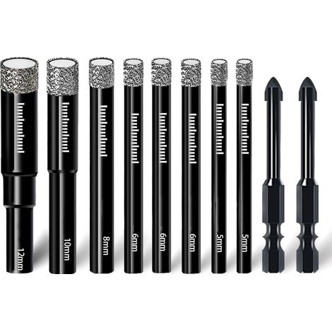 10-teiliges Set Trocken-Diamantbohrer &amp Fliesenbohrer für Keramik, Porzellan, Marmor, Granit, Stein, Glas – Rundschaft 5mm(x2), 6mm(x3), 8mm, 10mm, 12mm + 2 Stück Mauerbohrer 6mm (1/5)