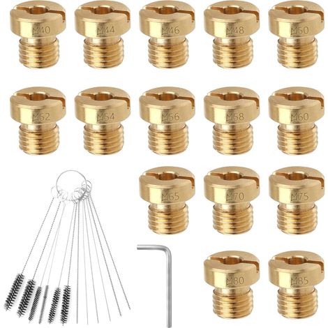 15 Pièces 4mm Jet Principal Carburateur pour Dellorto M4 Buses Carburateur 40 44 46 48 50 52 54 56 58 60 65 70 75 80 85 Tailles pour GY6 avec Accessoires de Nettoyage (1/5)