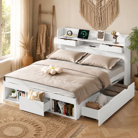 Letto matrimoniale 140x190 cm in legno bianco con contenitore, senza materasso FloraGrace (1/5)