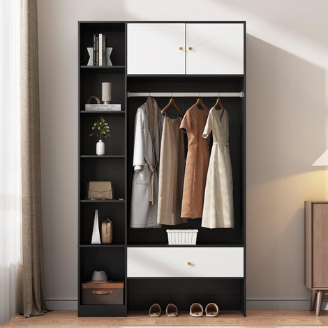 Armoire compacte d'entrée noire et blanche, composée de 2 portes, 6 compartiments, une tringle et un tiroir, dimensions : 105 x 185 x 40 cm
