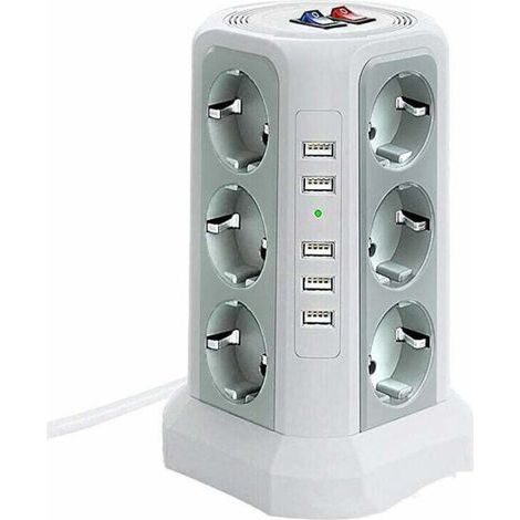 Multiprise tour parafoudre 12 prises CA et 5 ports USB – Protection 1500J – Câble 2m avec interrupteurs indépendants – Blanc