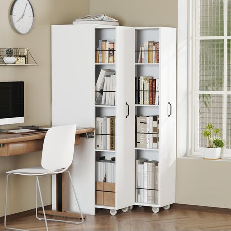 Estantería extensible con ruedas (51.5x41x158 cm), 4 estantes, módulos intercambiables izquierda y derecha, MDF blanco (1/5)