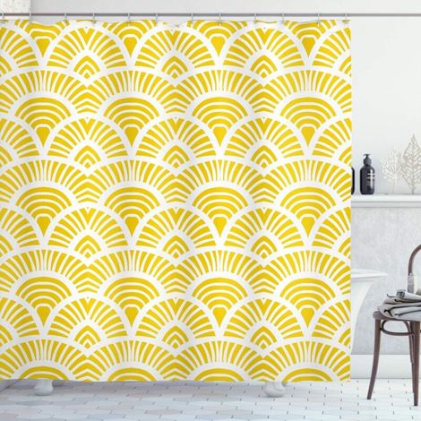 Duschvorhang, 150 cm x 180 cm, gelb-weiß, Vintage-Muster mit japanischer Waage, Badezimmer-Dekor-Set aus Stoff (1/4)